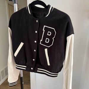 Cropped Varsity Jacket - Black with White Sleeves - Large